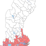 TBE Karta 2025, En karta över riskområden för TBE i Sverige.